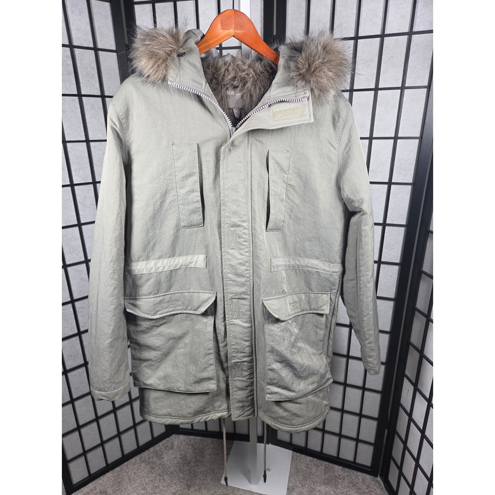 ASOS Faux Fur Trim Hooded Parka Jacket Sage Green Grey womens Medium